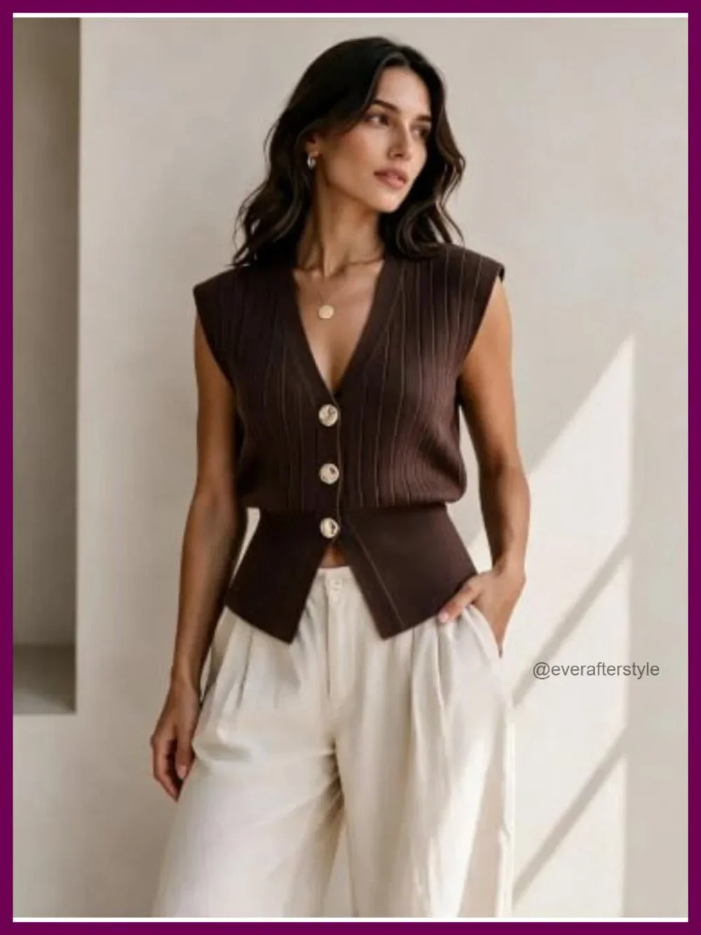Sleeveless Ribbed Knit Sweater Vest with Gold Buttons